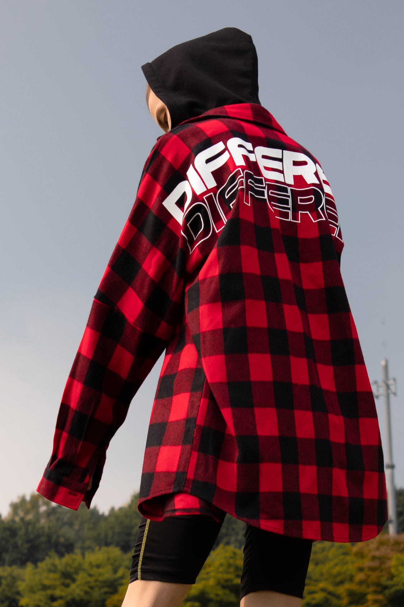 [UNISEX] DIFFERENT LETTERED CHECK HOOD SHIRTS RED